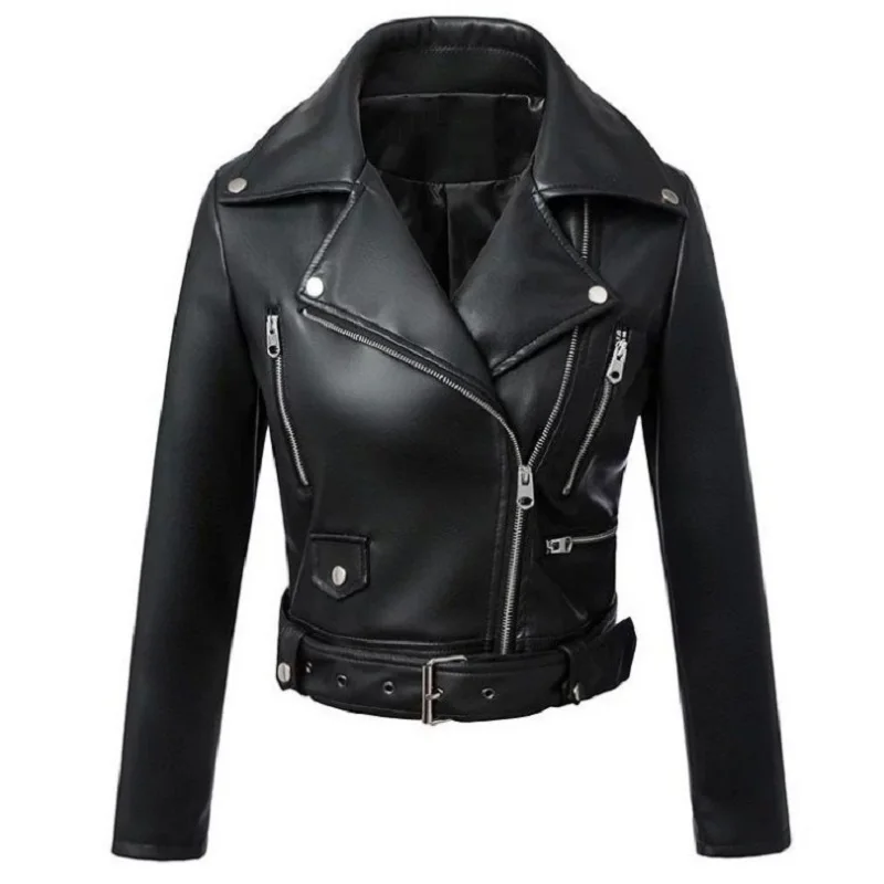 New Fashion Women Autumn Winter Black Faux Pu Leather Jackets Woman Zipper Basic Coats Turn-down Collar Biker With Belt | Женская одежда