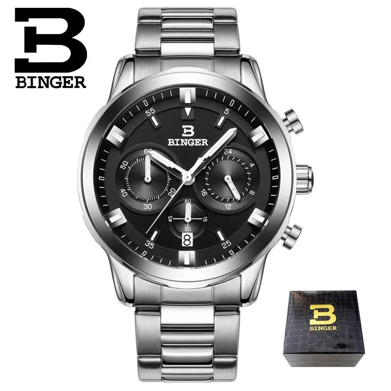 BINGER мужские роскошные часы, мужские спортивные часы с хронографом, мужские кварцевые наручные часы из натуральной кожи, водонепроницаемые B-9011G - Цвет: 11