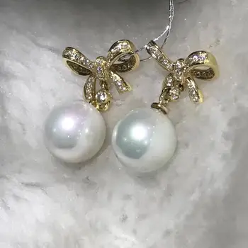

classic pair of 11-12mm south sea round white pearl earring 14k