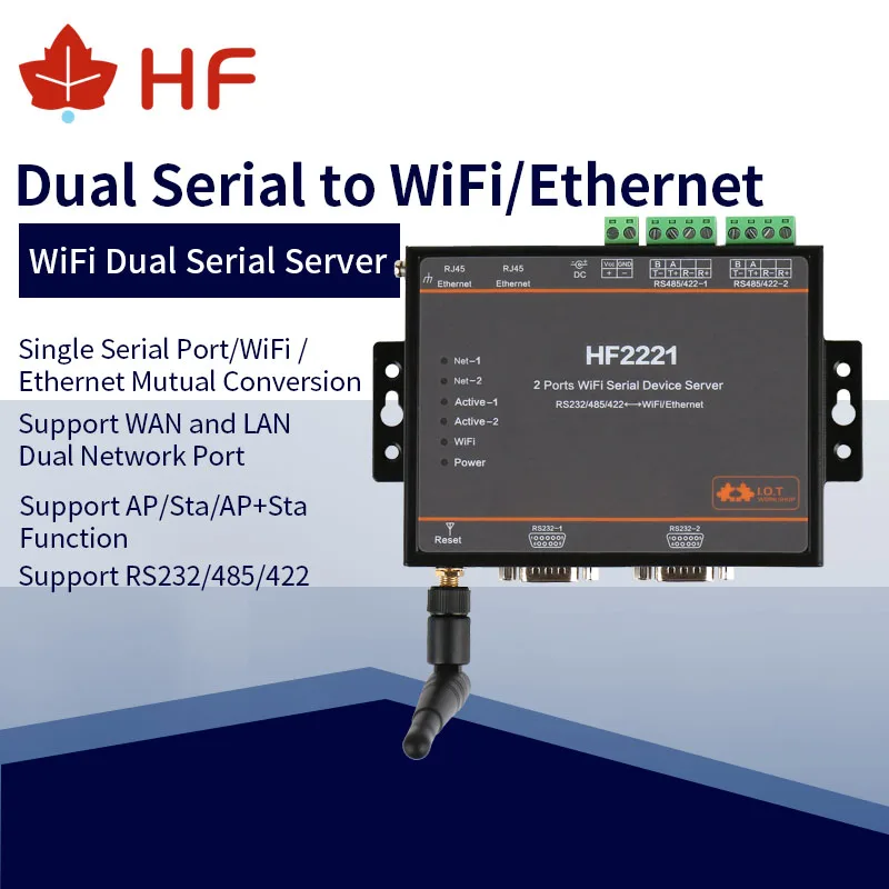 

5pcs/pack HF2221 Industrial Unit Modbus 2-Ports Serial Server RS232/RS485/RS422 to WiFi Ethernet Device Converter Connector