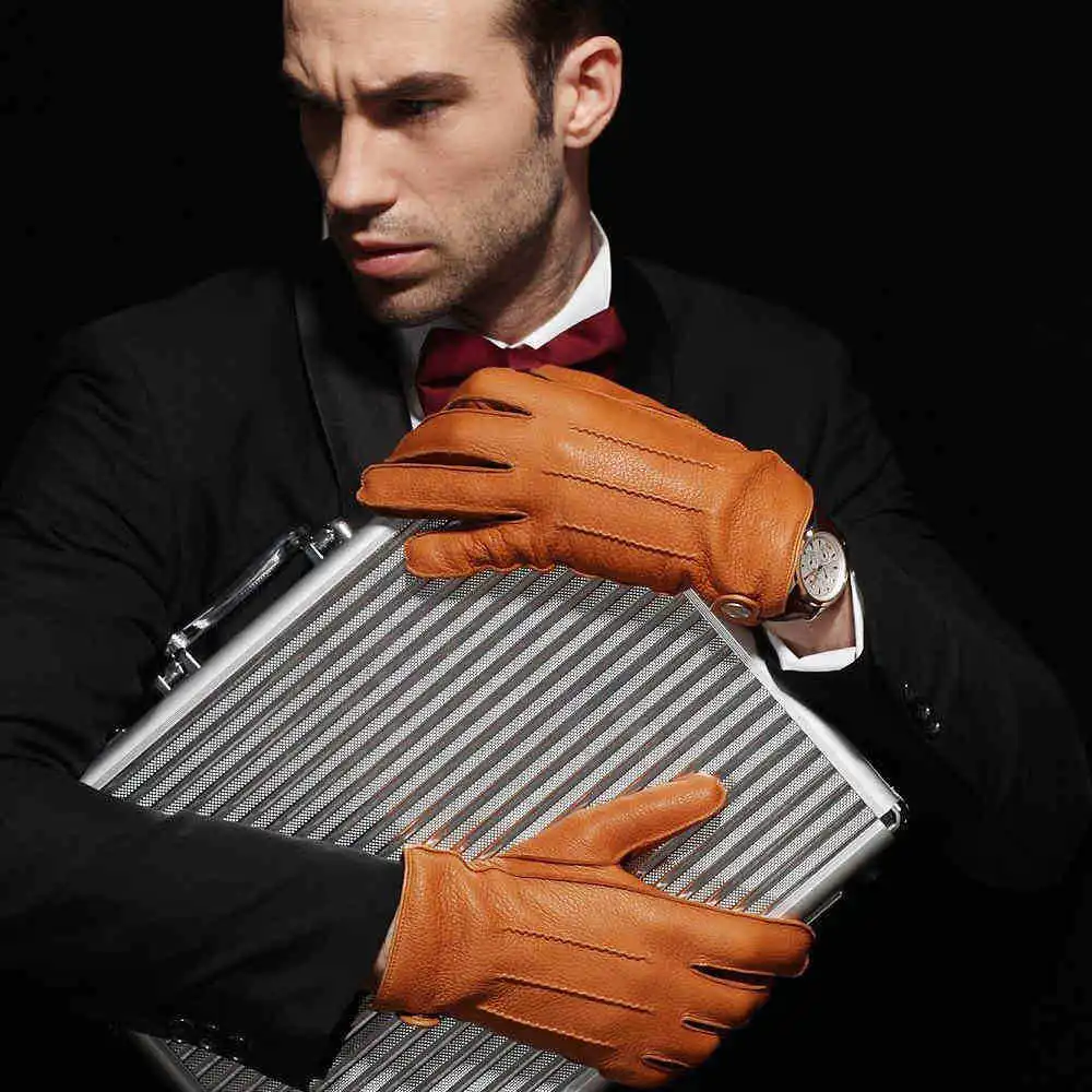 US $36.74 High Quality Men Deerskin Gloves FullFinger Geuine Leather Driving Gloves Autumn Winter Warm Cashmere Knitted Lined Em012wr