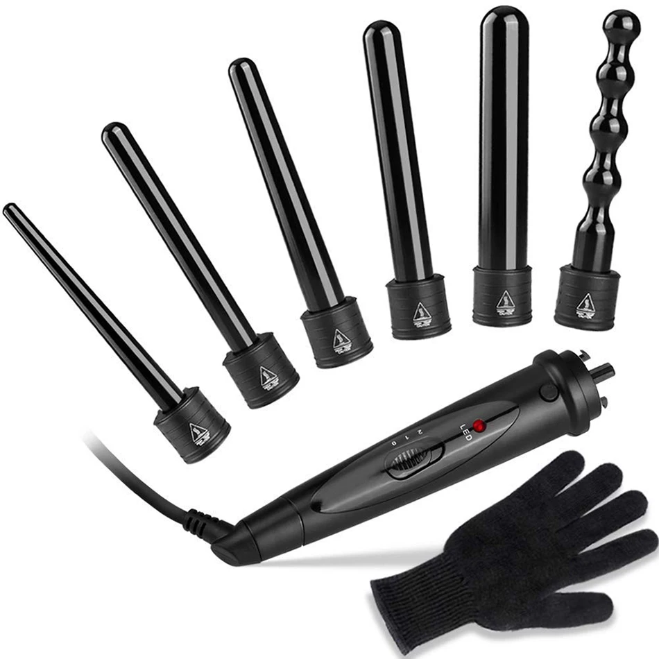 

6 in 1 Hair Curler Curling Wand and Curling Iron Set with 6 Interchangeable Ceramic Barrels 19 - 32mm and Heat Resistant Glove