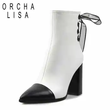 

ORCHA LISA Desinger Spring ankle boots black white Women PU leather thick square high heels boots pointed toe ladies shoes
