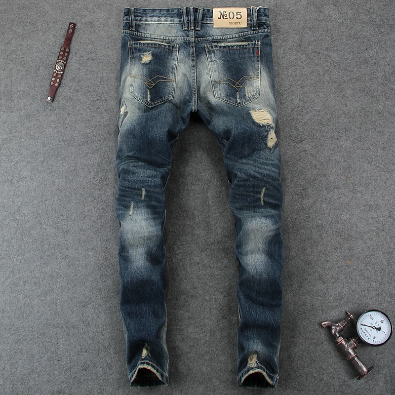 Italian Style Fashion Mens Jeans High Quality Slim Fit Frayed Hole Ripped Jeans For Men Brand Clothing Denim Biker Jeans Pants