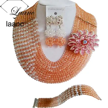 

Laanc Peach and Transparent Crystal Beads African Jewelry Set for Women Nigerian Wedding Necklace C10JK009