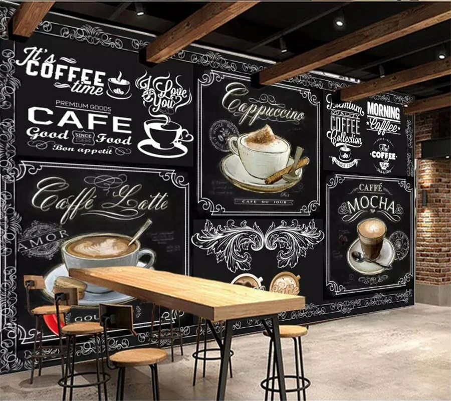 

beibehang Custom wallpaper 3d photo mural European and American style retro hand-painted blackboard coffee catering 3d wallpaper