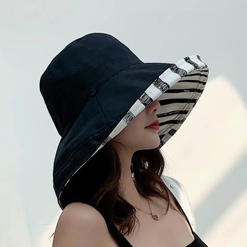 Зебра Полосатая летняя шляпа Женская двухсторонняя складываемая, хлопковая, для белья женские солнцезащитные пляжные шляпы с большими широкими полями Солнцезащитная женская шляпа