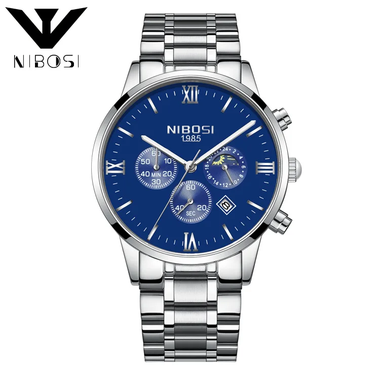 

Fashion fine steel moon phase men's watch three eyes 6 needle butterfly button solid steel belt men's watch