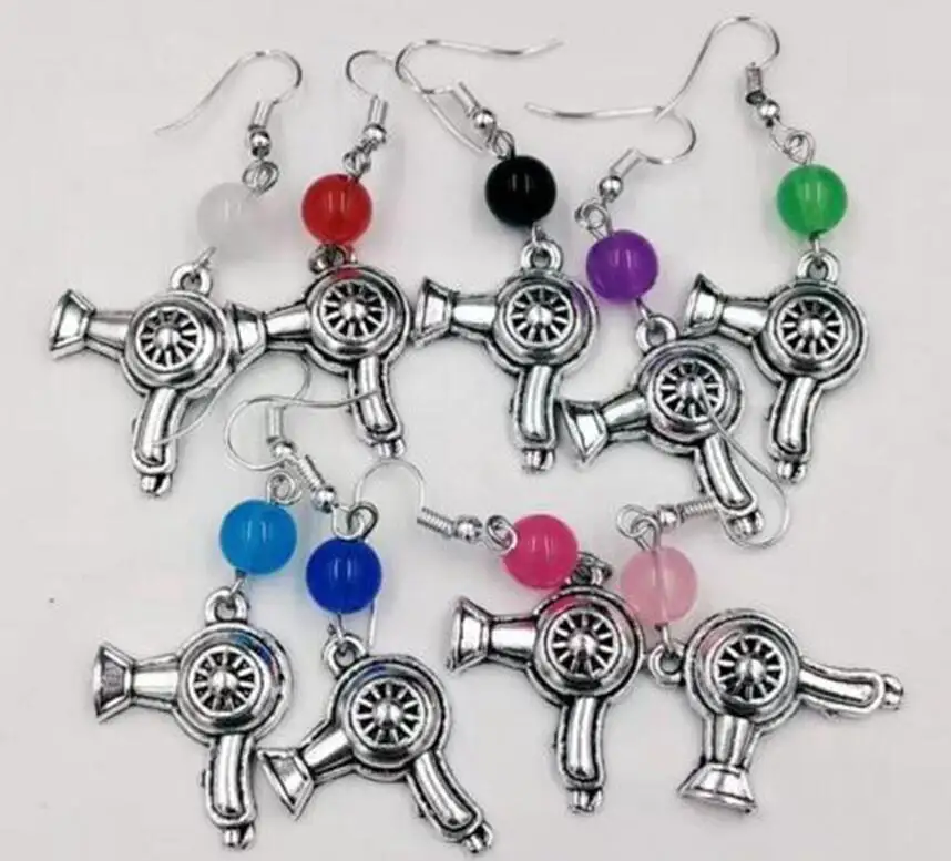 

1 Pair Ancient Silver Hairdresser hair dryer Scissors Mixed Color Beads Charm Pendant Earrings For Women Girls DIY Holiday Gifts