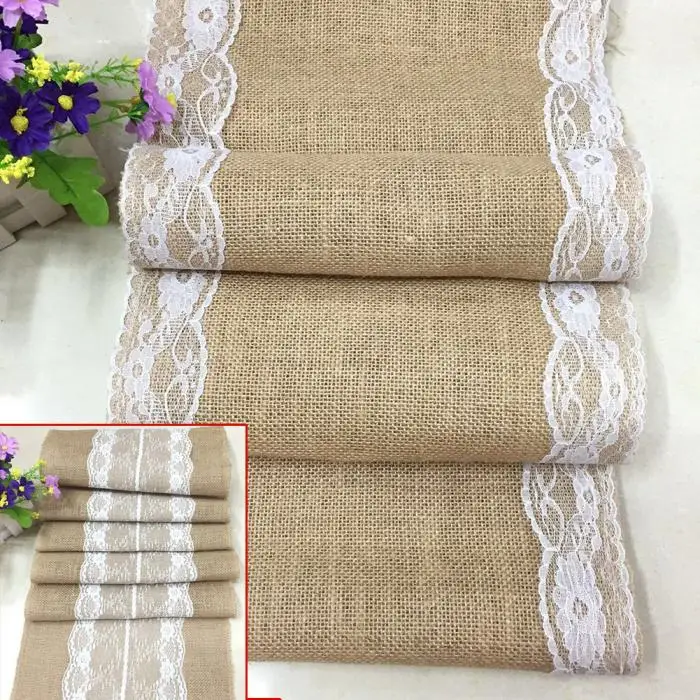 Vintage Burlap Jute Linen Table Runner Lace Cloth Dinning Room Table Gadget Home Decor Accessory E2S