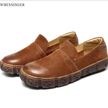 Whensinger-(35-40) Женская обувь больших размеров из натуральной кожи на плоской подошве, повседневные Лоферы без шнуровки, женские мокасины в стиле Mori Girl