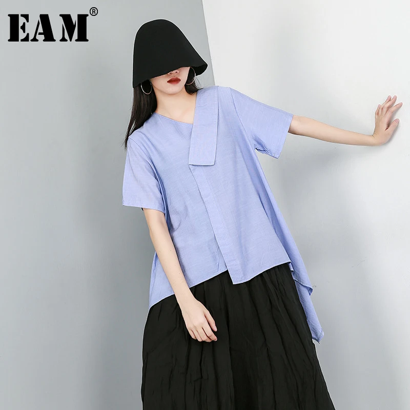

[EAM] 2019 New Spring Summer V-Neck Short Sleeve Black Loose Irregular Hem Loose Temperament T-shirt Women Fashion Tide JW914