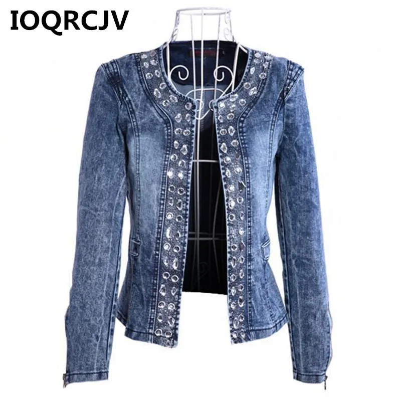 

2019 Autumn Denim Jacket Rhinestone Sequins Elegant Vintage Short Basic Jacket Stretch Casual Long Sleeve Women Denim Coat R442