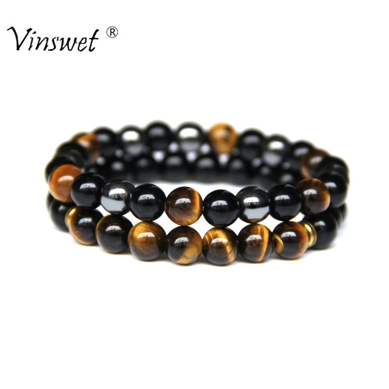 2pcs Men Bracelets Beads Natural Stone Black Onyx&Tiger Eye&Hematite Stone Bracelets for Women Men No Magnetic Bracelet