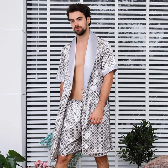 Male Plus Large Size Satin Silk Robe Shorts Two piece Set Nightclothes