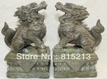 

bi00286 9" Chinese Bronze Guardion Phylactery Beast Kylin Chi-lin Unicorn Pair States