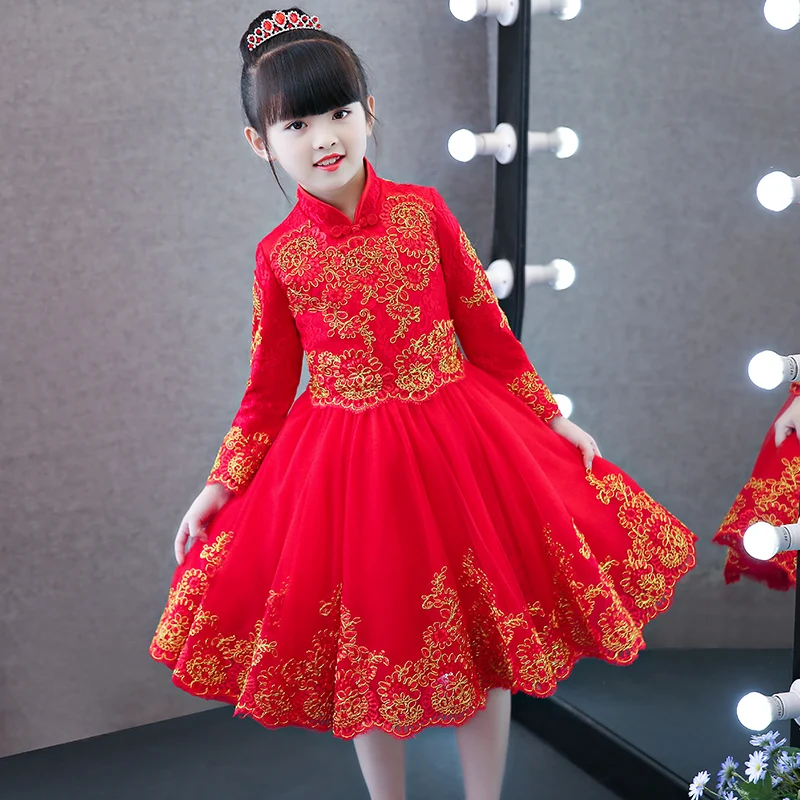 Girls Children New Elegant Chinese Style Red Qipao Cheongsam Embroidery Flowers Lace Dress Kids Birthday Wedding Party Dress Girls Children New Elegant Chinese Style Red Qipao Cheongsam Embroidery Flowers Lace Dress Kids Birthday Wedding Party Dress