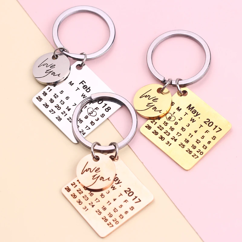 

Private Customize Personalized Calendar Keychain Signature Calendar Key Rings Engraved Date Name Free Shipping via Epacket