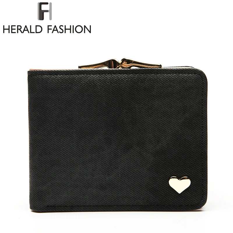 

Herald Fashion Women Leather Short Wallet With Heart Rivet Clips Jeans Fabric Female Purse Cute Solid Clutch Coin Car Holder