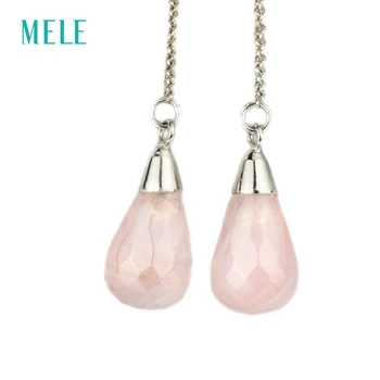 

Natural rose quarts silver earring, tear drop 8mm*15mm, beautiful color and natural inclusion, romantic style earring