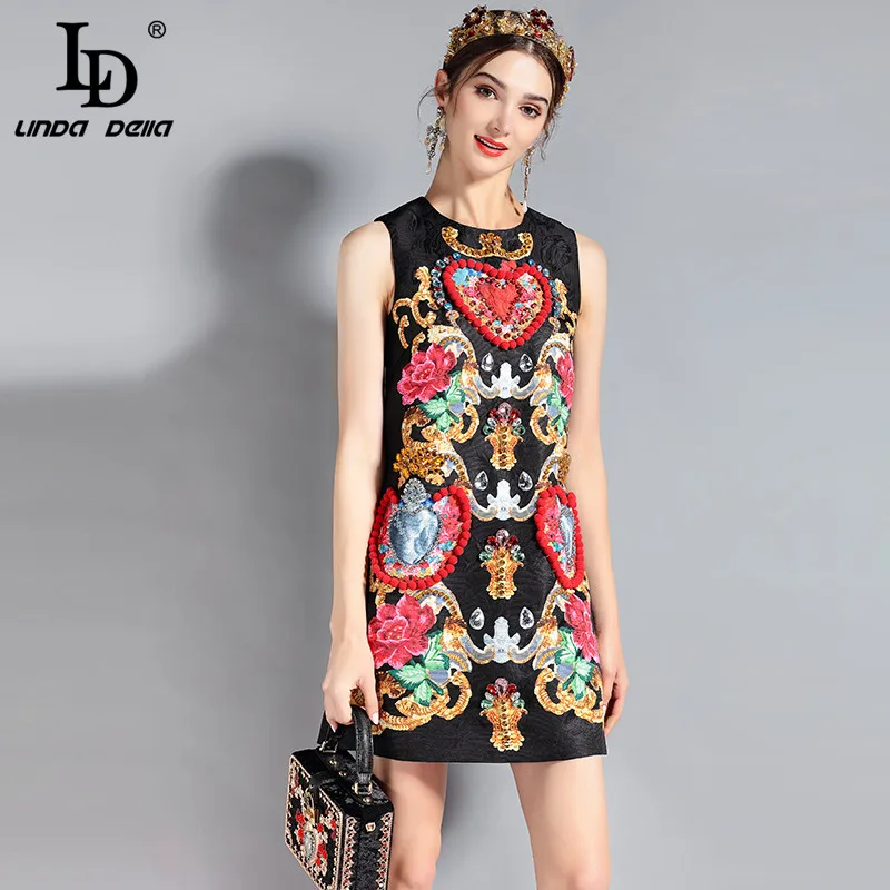 

LD LINDA DELLA Fashion Runway Dress Women's Sleeveless Luxury Crystal Beading Vintage Summer Dress High Quality