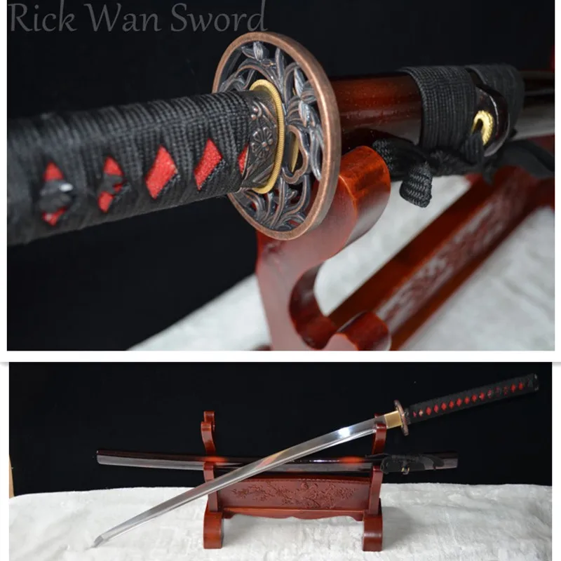

Japanese Samurai Sword KATANA 1060 High Carbon Steel Full Tang Blade Cut Bamboo Crane Tsuba