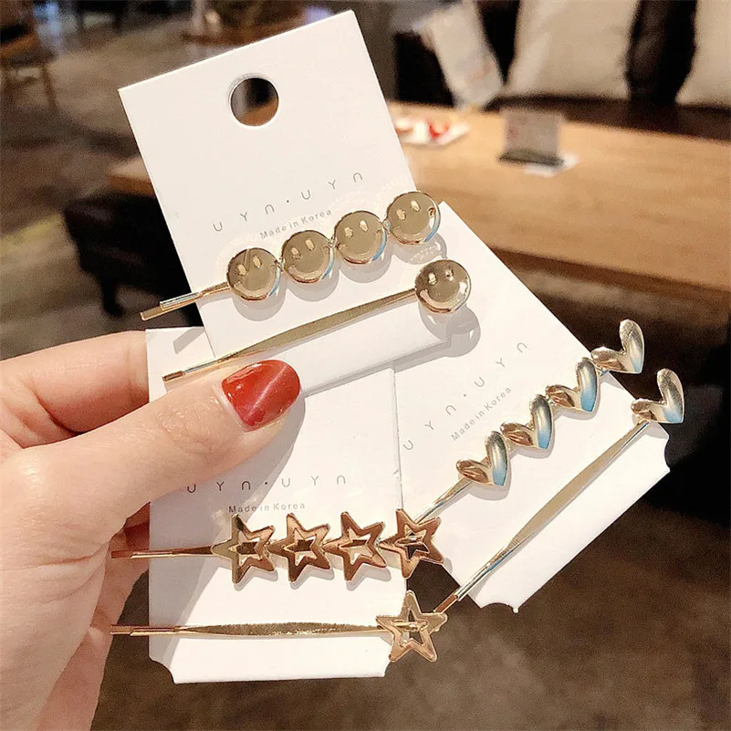 

2PCS/SET Fashion Heart Five-pointed Star Smiling Hair Clips for Women Korean Alloy Gold Hairpin Barrette Girls Hair Accessories
