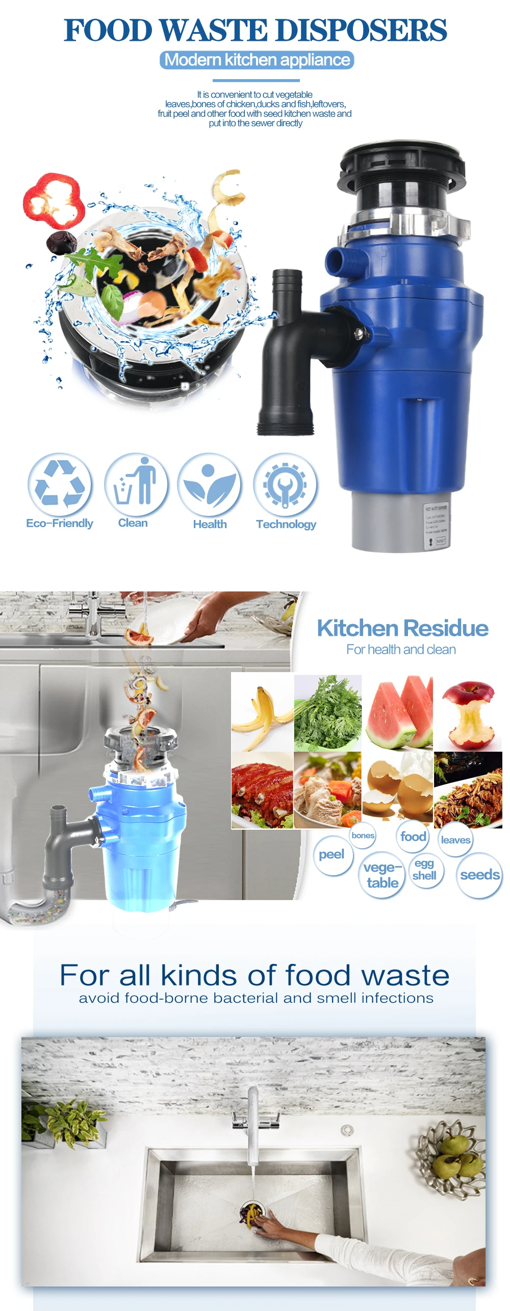 ITOP Электрический кухонный обработчик пищевых отходов 380 Вт/500 Вт ABS пластик