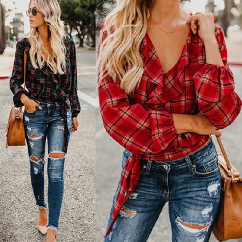 

V-neck Blouse WomenPlaid irregular ruffled long sleeve strap Shirt Top Spring Autumn Casual Office Blouse 2019 Blouses Feminine