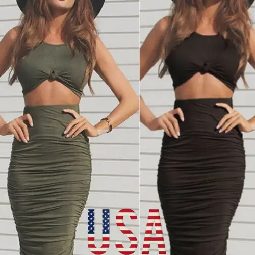 

Women's Sexy Summer Outfits Bodycon Tank Top Midi Skirt 2 Piece Set Dress Two Piece Suits Crop Top Sleeveless Bodycon Skirt Set