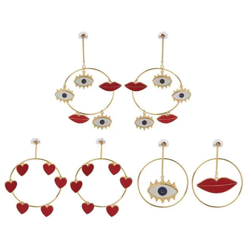 

Big Evil Eyes Lip Charm Gold Loop Dangle Drop Earrings Statement Fashion Jewelry
