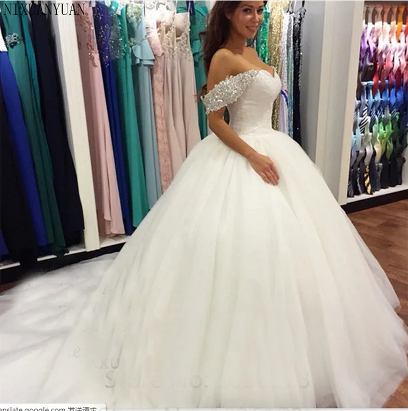 Новое Кружевное белое свадебное платье для невесты с кристаллами, Свадебное бальное платье с открытыми плечами