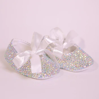

AB Crystal Sparkle Bling Shining White Ribbon Bow Handmade Soft Soled 0-1 Newborn Princess Baby Girl Boutique Shoes