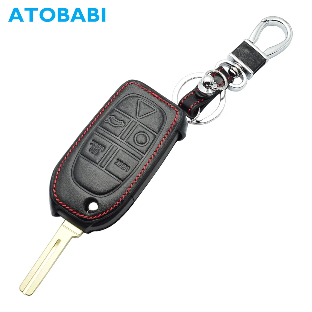

ATOBABI 5 Button Leather Flip Car Key Case Keychain Accessory for Volvo C70 S40 S60 S80 XC90 Folding Remote Protector Skin Cover