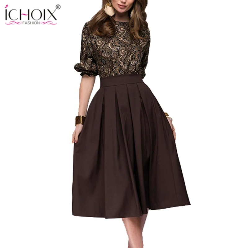 ICHOIX, весенне-летнее винтажное платье, женское платье средней длины с рукавом до локтя, элегантное платье с принтом, повседневное ТРАПЕЦИЕВИДНОЕ женское офисное платье Vestidos
