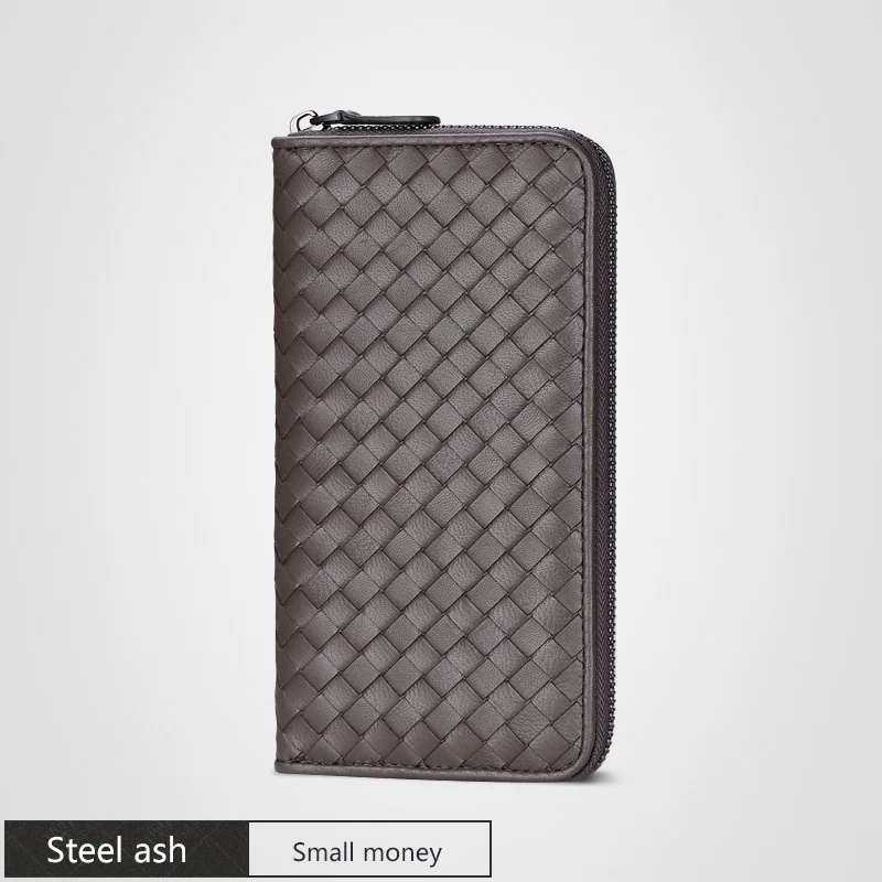 Steel ash Классический женский кошелек из овчины, Длинный кошелек из натуральной кожи на молнии ручной работы, тканый кошелек из кожи ягненка, женский длинный кошелек - Цвет: Steel ash