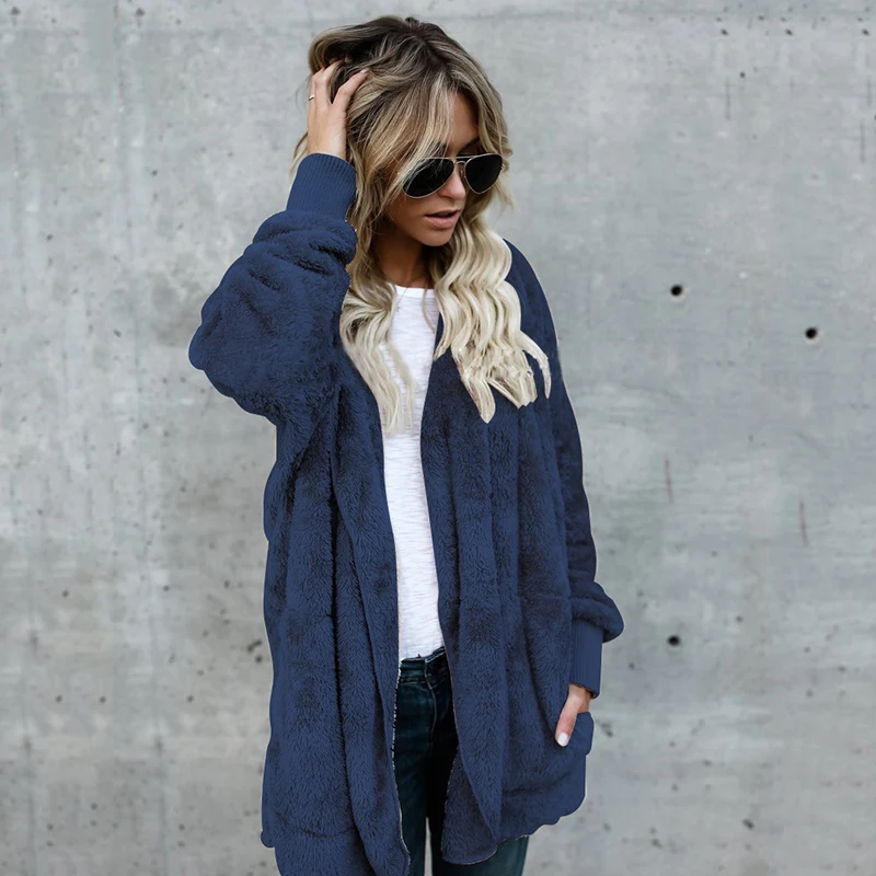 Модный длинный кардиган, женское теплое меховое пальто, Осень-зима, женский свитер, джемпер с карманами, женская уличная одежда, пальто, Pull Femme Hiver - Цвет: Синий