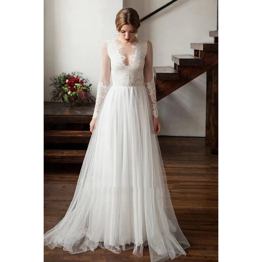

Romantic Illusion Long Sleeve Wedding Dress Exquisite Lace Bridal Gowns A Line Wedding Dresses Formal Gowns Robe De Soiree