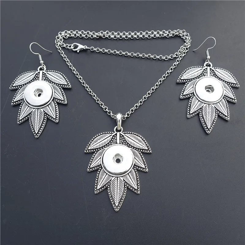 

Plant Leaf Zinc Alloy 18mm Snap Buttons Necklace Earrings Jewelry Set For Women