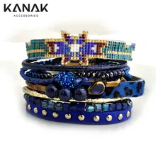 KANAK Ribbon Leopard Summer Women Bracelet Multilayer Leather Wrap Bracelet Brazilian Beaded Bracelet Rivet Ethnic Magnetic