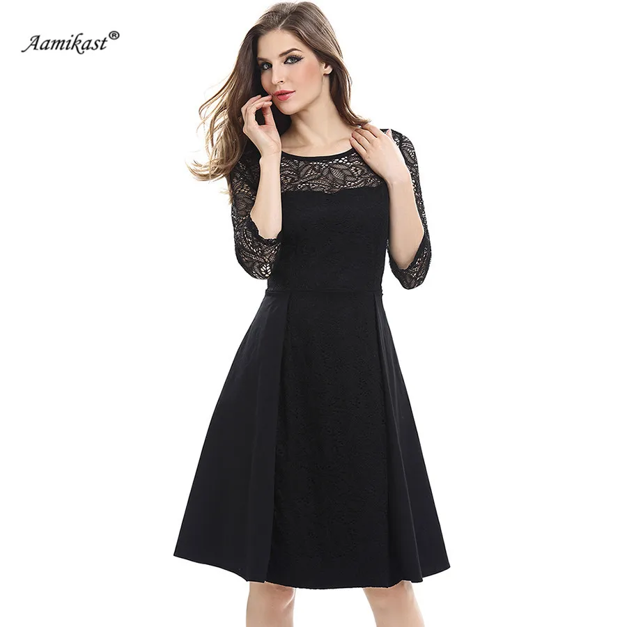 Aamikast Women See Through Sleeve Floral Lace Dress Autumn Patchwork Dresses Soild Color Elegant Draped Vestidos | Женская одежда