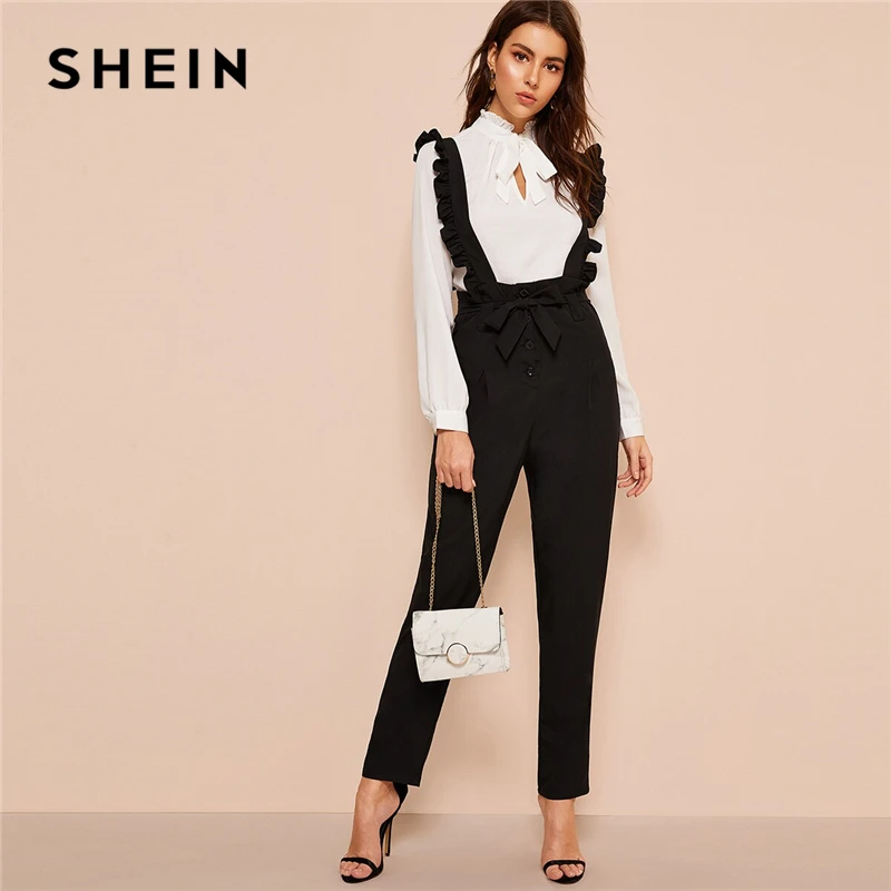 

SHEIN Office Lady Black Belted Button Fly Pants With Ruffle Straps Women Spring Autumn Solid Long Trousers Straight Leg Pants