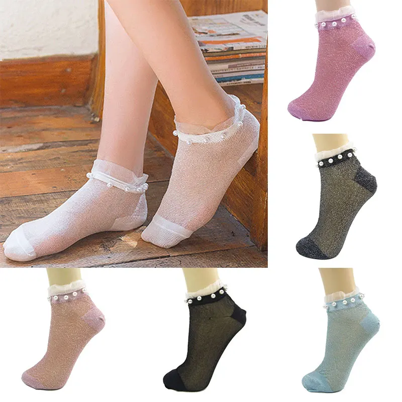 1 Pair Women Short Socks Female Sexy Ankle Socks Crystal Lace Cotton