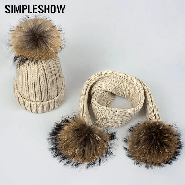 SIMPLESHOW Children Pompoms Winter Hat Scarf Set Girls Boys Winter Knitted Caps Scarves Kids Set 2 Pieces Warm Thack Hat Scarf