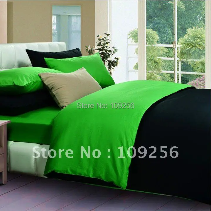 Free ship 100 Sateen cotton green+black color luxury bedding set 4pcs cover cotton plain solid