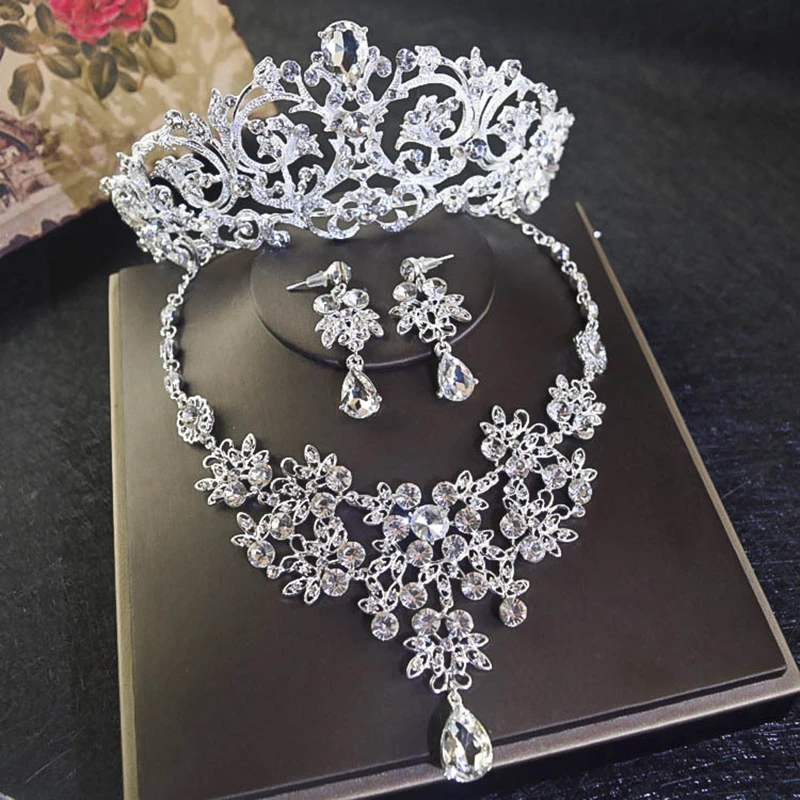 New Bride Crystal Rhinestone Jewelry Set Headdress Ornaments Wedding Dress Accessories Crown Necklace Earrings Gorgeous SJT0012 New Bride Crystal Rhinestone Jewelry Set Headdress Ornaments Wedding Dress Accessories Crown Necklace Earrings Gorgeous SJT0012