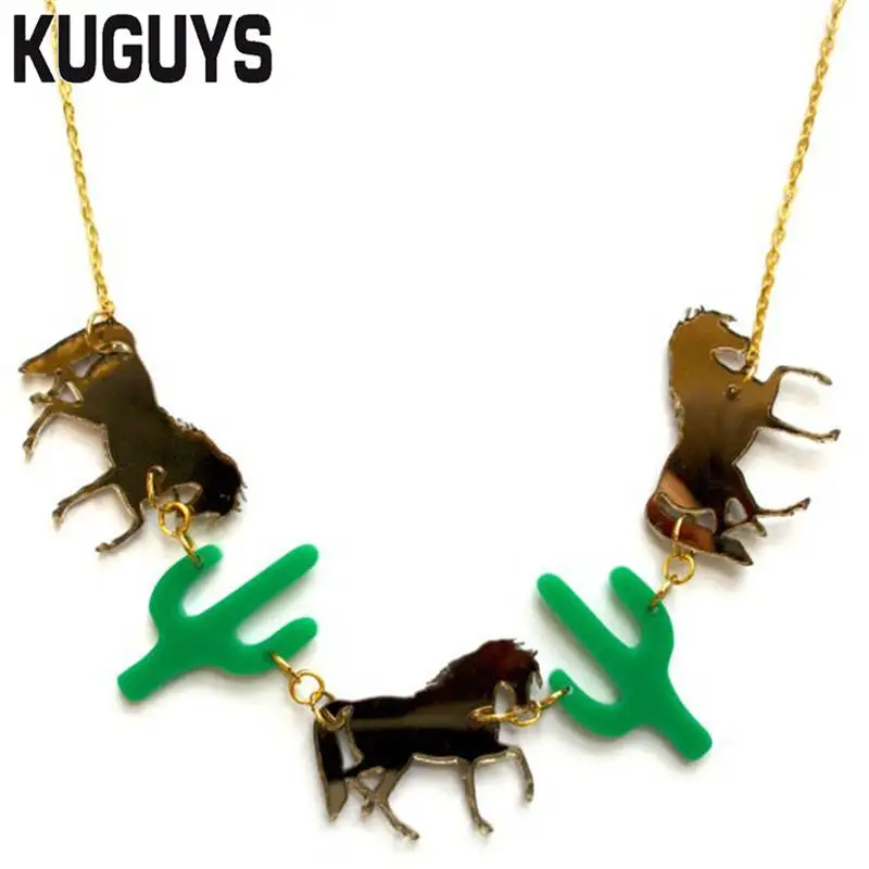 KUGUYS Acrylic Cowboy Necklace Fashion Jewelry Golden Horse Green Cactus Pendant Necklaces for Women and Mens Accessories Chains KUGUYS Acrylic Cowboy Necklace Fashion Jewelry Golden Horse Green Cactus Pendant Necklaces for Women and Mens Accessories Chains