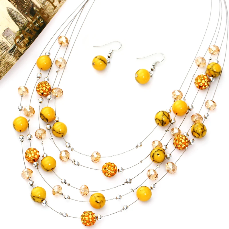 Оранжевый шар, ювелирные наборы, многослойные богемные бусы, массивное ожерелье, шарики, свисающие серьги для женщин, бижутерия