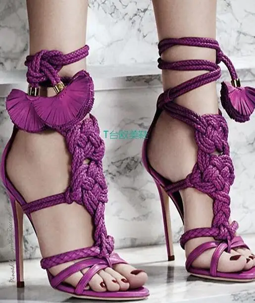 

new fashion leather braided high heel sandal 2017 open toe lace-up sandal woman sexy fringed cutouts sandal black brown