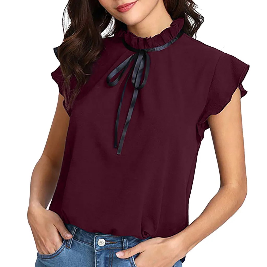 Женские блузки, Повседневная рубашка с коротким рукавом и галстуком-бабочкой, шифоновая блузка с коротким рукавом, Женская сорочка# Z20